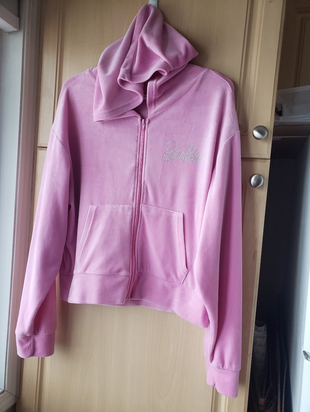 Barbie Pink Velour Zip Hoodie with Rhinestone Logo